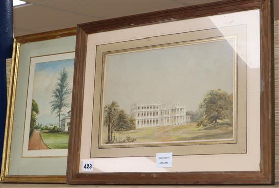 19th century English School, two watercolours, Studies of colonial houses, largest 23 x 32cm